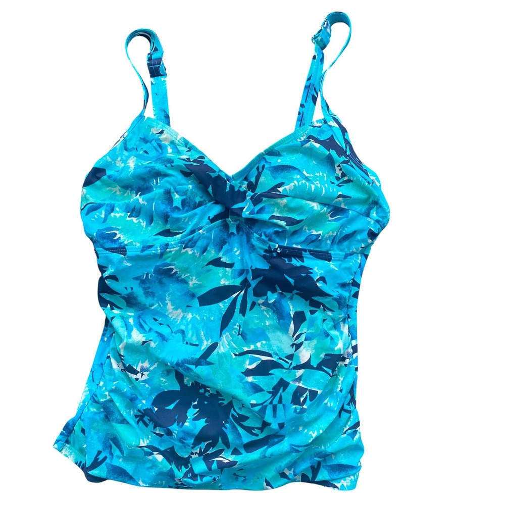 LL Bean Womens Blue Floral Twist Front Tankini Top UPF 50+ Size 10 300292